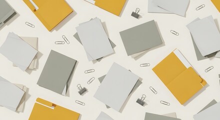 Scattered Office Supplies Background Pattern: Yellow Folders, Gray Papers, Paper Clips, and Binder Clips