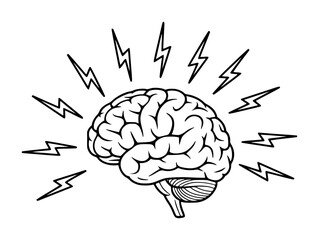 Illustration of a Brain with Lightning Bolts Symbolizing Ideas and Energy