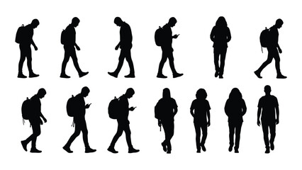 Obraz premium a collection of diverse people walking in various poses often carrying backpacks presented as a black silhouette