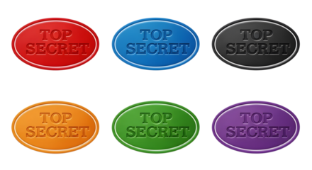 Collection of six embossed Top Secret security clearance rubber stamps in various vibrant colors on a transparent background