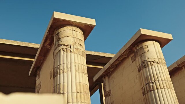 Stone columns at sunset within the Entrance Hall of the Step Pyramid Complex of Djoser at Saqqara.