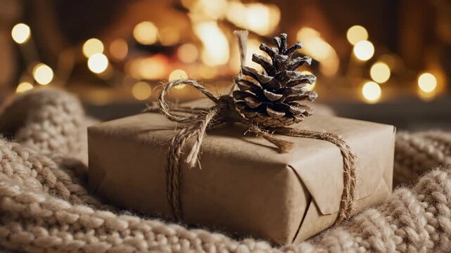 Christmas Gift by Fireplace - A gift wrapped in brown paper is adorned with twine and a pinecone, sitting on a cozy knit blanket.