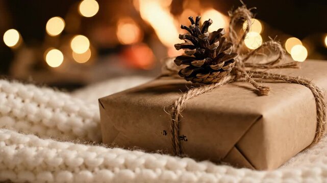 Wrapped Gift with Pine Cone and Twine - A Christmas gift wrapped in brown paper and tied with twine rests on a white knitted blanket.