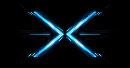 Abstract neon blue glowing x symbol design with futuristic high-tech aesthetic on black background