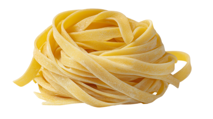 Close up of a nest of raw yellow fettuccine pasta on a pure ready for cooking