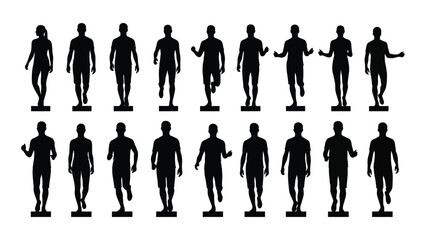 a collection of human figures demonstrates various poses and actions in a stark black silhouette