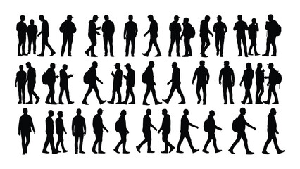 a collection of diverse human figures in various walking poses presented as a striking black silhouette
