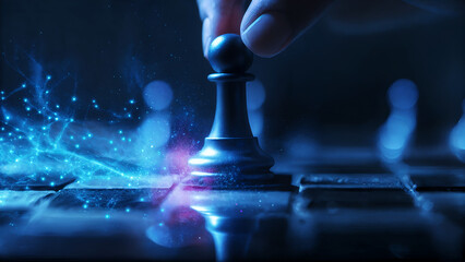 Digital strategy and business success concept with hand moving chess pawn on dark board