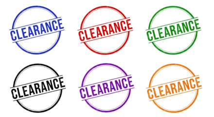 Collection of six distressed grunge clearance rubber stamps in various bright colors on a transparent background