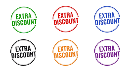 Collection of six grunge-style Extra Discount rubber stamp in vibrant colors on a transparent background