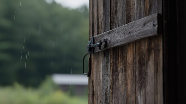 hasp. Weathered barn door with a heavy metal hasp swaying in a rainy atmosphere. real-estate listings, architecture portfolios, designed for architectural facade and classical detail presentations.