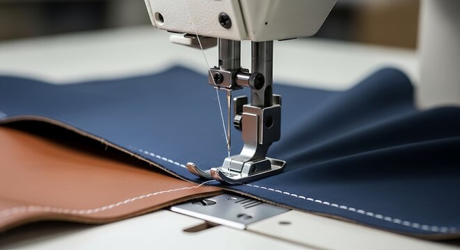 Close-up of a sewing machine stitching two materials together with precision, creating durable products