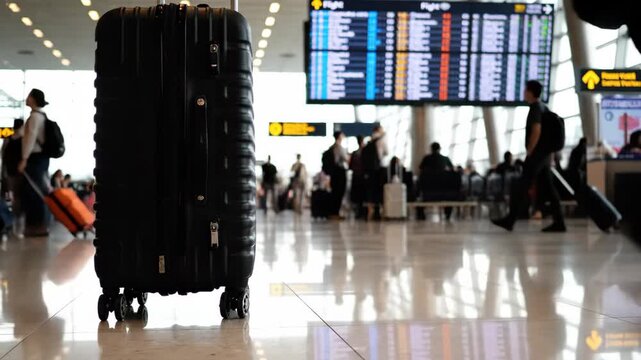 Airport Traveler with Luggage - This low-angle shot focuses on a black suitcase standing still while a traveler walks by pulling a similar suitcase, set against the backdrop of a busy airport
