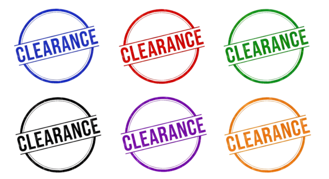 Collection of six distressed grunge clearance rubber stamps in various bright colors on a transparent background - Powered by Adobe