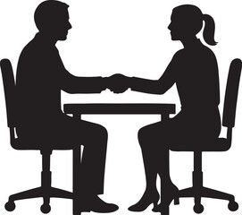 Man and woman shaking hands across a table silhouette isolated on white background