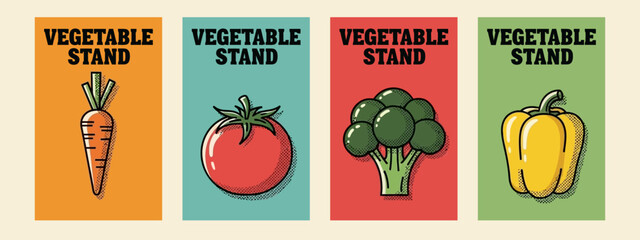 Colorful Vegetable Stand Posters Featuring Carrot, Tomato, Broccoli, and Bell Pepper Illustrations