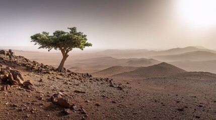 boswellia. Lone Boswellia tree in an arid desert landscape with resin droplets on bark. gardening catalogs, home-decor guides, designed for gardening and botanical catalogs.
