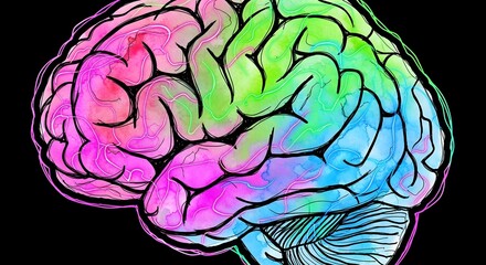 Psychedelic Watercolor Human Brain Illustration with Sketch Outlines and Glowing Neon Lines on Black Background