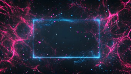 Abstract neon frame with pink and blue energy particles on a dark background