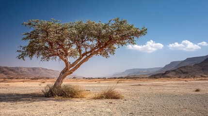 boswellia. Lone Boswellia tree in an arid desert landscape with resin droplets on bark. gardening catalogs, home-decor guides, designed for gardening and botanical catalogs.