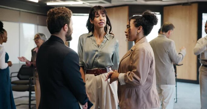 Meeting, networking and conference with business people at expo for discussion, public speaking coach and feedback. Tradeshow, Corporate training and leadership workshop with employees in lobby