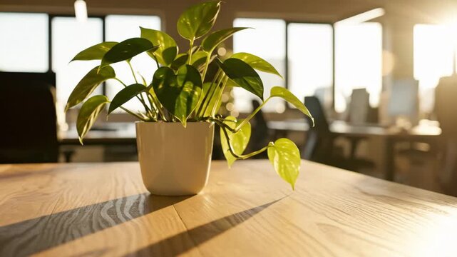 Golden Pothos in Modern Office - A golden pothos plant sits in a white pot on a light wood table in a sunny, modern office. The sunlight streams through the windows and illuminates the plant's leaves.