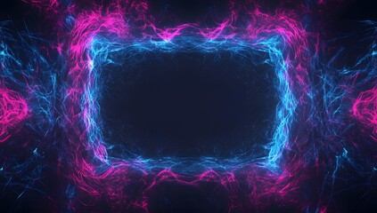 A dynamic abstract background featuring a neon glowing frame of blue and pink particles