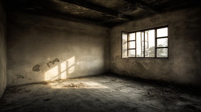 oligarchy. Urban ruin at dusk with soft light through a broken window onto a dusty floor. real-estate listings.