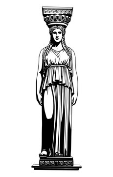Detailed black line art of a classical Greek Caryatid statue, depicting a draped female figure used as a supporting column.