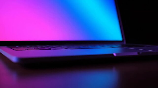 Laptop with Gradient Screen - Close-up shot of a sleek, silver laptop with a vibrant blue and pink gradient display. The laptop sits on a dark surface, reflecting the ambient neon lighting.