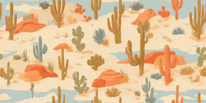 Textured illustration of a desert landscape seamless pattern with clouds, birds, and blooming succulents for fabrics, stationery, and cozy packaging