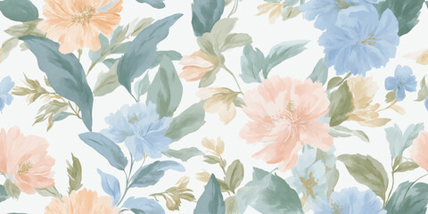 Luminous watercolor poppy and foliage seamless pattern in soft pastel colors for luxurious fabrics, stationery, and spring decor. © Eli Berr