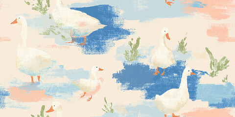 Charming painted goose and brushstroke seamless pattern in light pastel tones for nursery fabrics, children's stationery, and cozy home decor © Eli Berr