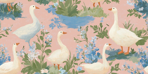 Romantic oil-painted goose and rose seamless pattern in blush and blue tones for luxurious fabrics, wedding invitations, and opulent home decor © Eli Berr