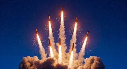 Massive Military Strike: Group of Nuclear Missiles Launching Simultaneously into the Starry Night Sky