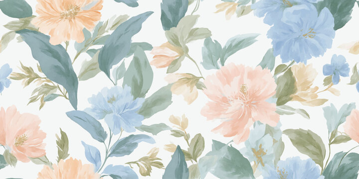 Luminous watercolor poppy and foliage seamless pattern in soft pastel colors for luxurious fabrics, stationery, and spring decor.
