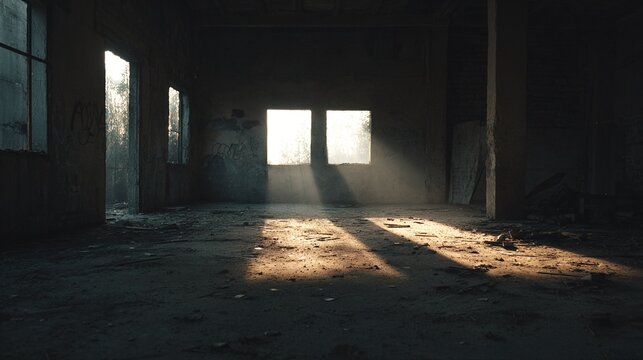 oligarchy. Urban ruin at dusk with soft light through a broken window onto a dusty floor. real-estate listings.