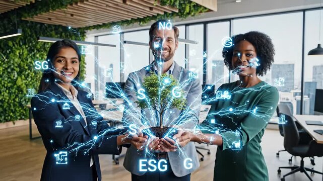Diverse Team Holding ESG Tree - Three diverse business professionals hold a small tree sapling with soil in their hands in an office environment.