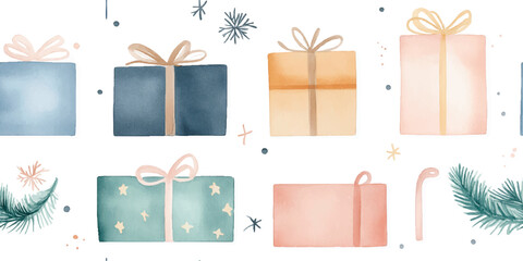 Watercolor holiday gift box and star seamless pattern for festive wrapping paper, seasonal textiles, and winter greeting cards © Eli Berr