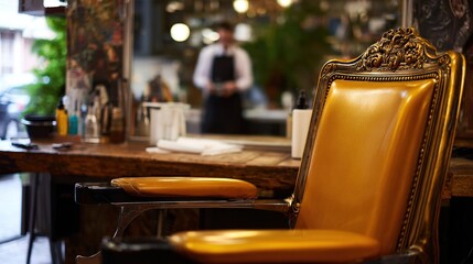 razor. Barber shop interior with a leather chair and mirror reflection, warm golden lighting. lifestyle magazines, social media lookbooks, designed for influencer and brand collaborations.