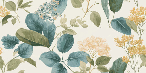 Rich watercolor botanical foliage and flower seamless pattern in dusty blue, green, and mustard for luxury fabrics, wallpapers, and elegant packaging