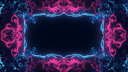 Glowing futuristic neon pink and blue border frame with abstract fractal patterns