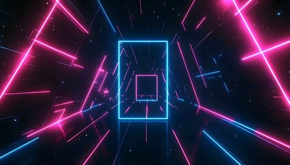 Futuristic neon light tunnel background with glowing geometric shapes