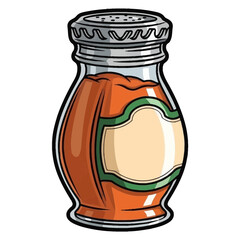 Stylized illustration of a spice shaker with orange powder and a blank label isolated on white background silhouette