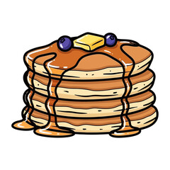 Delicious stack of pancakes with butter and blueberries drizzled with syrup isolated on white background silhouette
