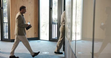 Break, walking out or employees at conference with rest, networking or interval at trade show. Connection, men or women at corporate seminar with leaving, recess or communication on workshop pause.