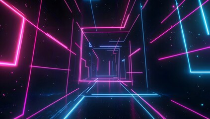 A mesmerizing abstract futuristic neon light tunnel with glowing geometric lines in pink and blue