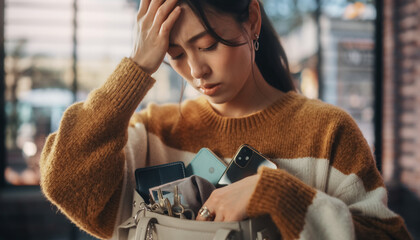 帯をさがしてバッグの中身を全部出して頭を抱える女性