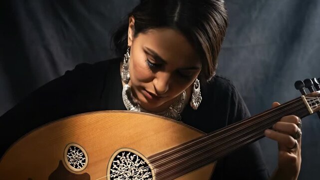 A algerian woman with dark hair plays an oud, focusing intently on the instrument, while wearing elegant silver earrings, against a softly lit backdrop that enhances her passion