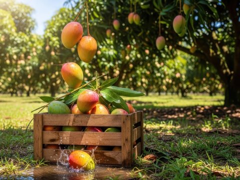Fresh ripe mangoes harvested in wooden crate in orchard - Powered by Adobe